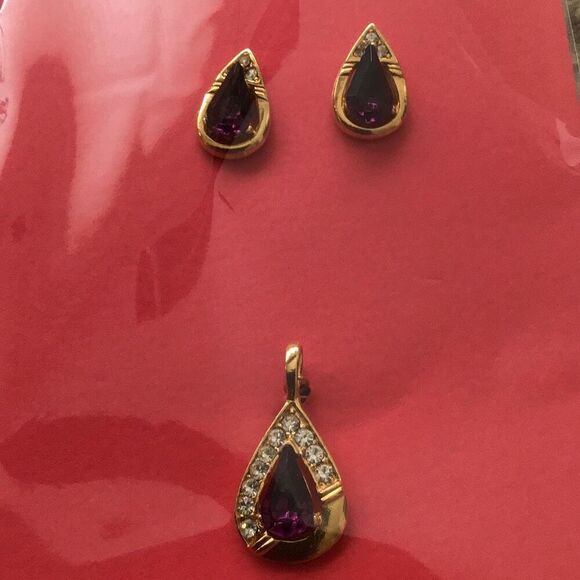 Necklace, Amethyst Pendant and Earrings Set, Dark Purple, Vintage - Picture 1 of 4
